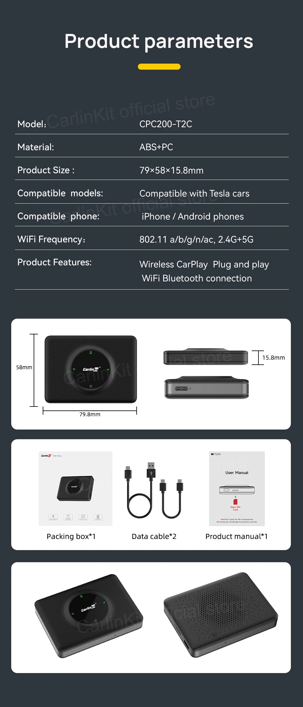 CarlinKit USB Adapter Wireless Android Auto CarPlay 2-In-1 Smart Box For Tesla Model 3 Model Y 2.4G&5Ghz WiFi BLE Auto Connect