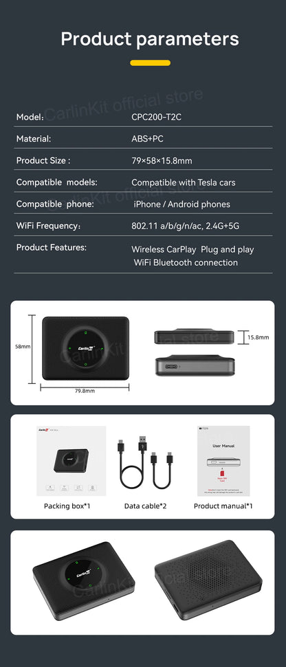 CarlinKit T2C For Tesla Upgrade CarPlay Wireless Android Auto Universal Model 3 Model Y X S 5Ghz WiFi CarPlay Ai Box SpotifyWaze