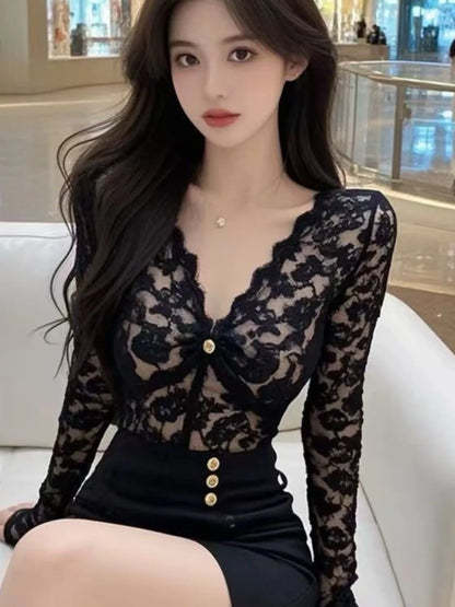 Fleece Lined Thickened Sexy V-neck Lace Shirt Autumn Winter New Style High Waist Slimming Long Sleeve Inner Wear Top