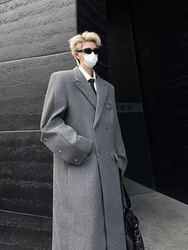 Autumn Winter Men's Shoulder Length Woolen Coat over Knee Double Breasted Windbreaker Outerwear Fashionable Korean Style