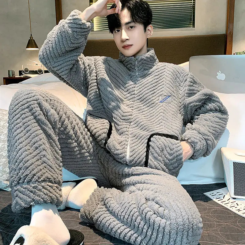 Men's Coral Fleece Pajamas Thickened Flannel Home Clothes Set Autumn Winter Style Long Sleeve Warmth Guarantee Home Scence