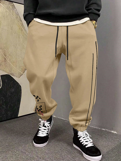 Men's Y2K Racing Checkerboard Side Line Print Sweatpants Elastic Waist Soft Fabric Motor Street Hip Hop Joggers