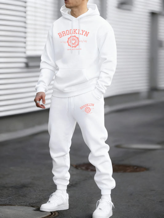 Brooklyn Best Team Heart Print Men Sportsuit Autumn Hip Hop Hoodies Soft Fleece Simple Pants Maleloose Fashion Sportswears