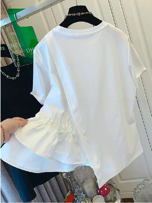 Loose Fit Pure Cotton Short Sleeve T-Shirt Women Summer Fashionable Casual Top Large Size 200 Pounds Asymmetrical Layering