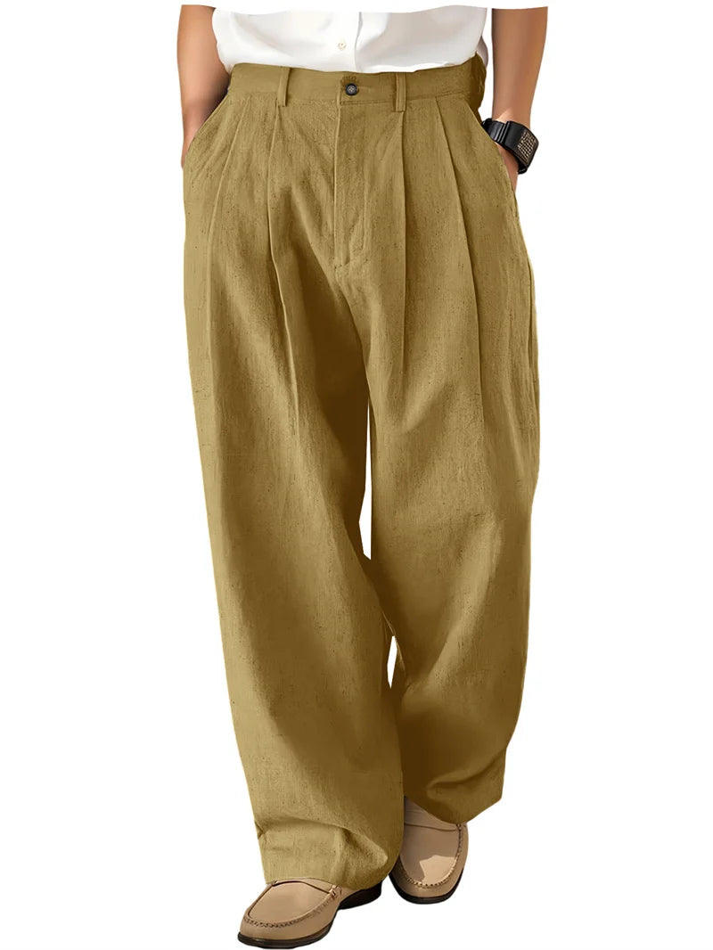 Men's Loose Pleated Wide Leg Pants Breathable Linen Blend Trousers Casual Business Suit Pants Summer Streetwear Daily Wear