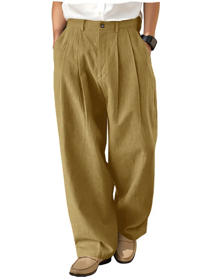Men's Loose Pleated Wide Leg Pants Breathable Linen Blend Trousers Casual Business Suit Pants Summer Streetwear Daily Wear