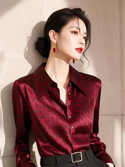 Red Leopard Print Long Sleeve Shirt Women's Fashionable Maturity Style Premium Quality Top Trendy Autumn 2025 Casual Wear