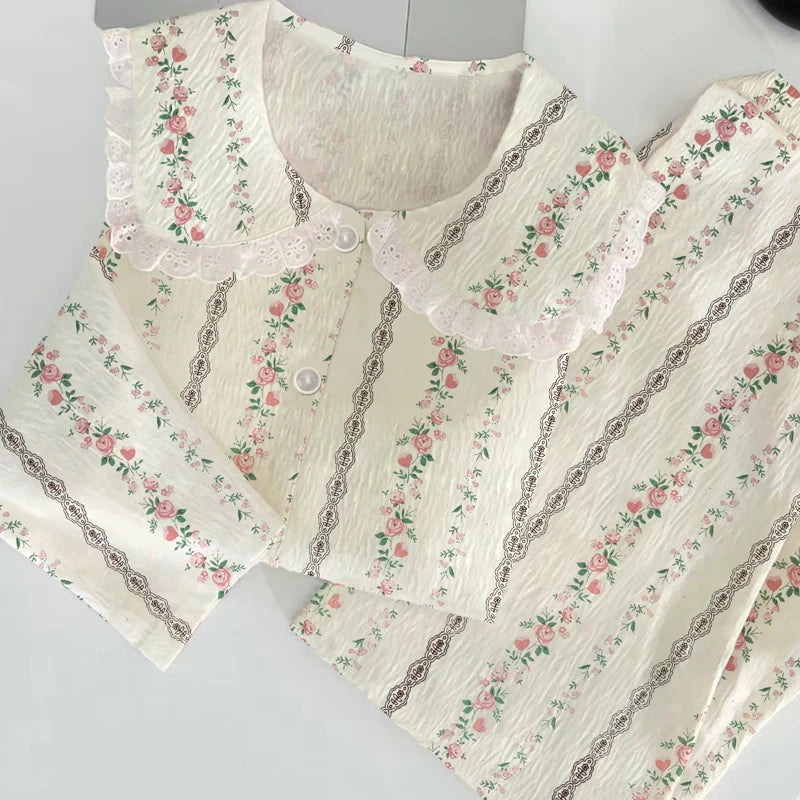 Cloud Cotton Sleepwear Set for Women Casual Spring Autumn Long Sleeve Long Pants Home Clothes  Plant Floral Print