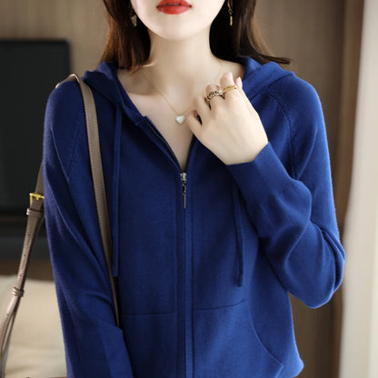 Explosions Women's Hooded Padded Long-Sleeved Sweater Cardigan Sweater Coat Beige Loose Zipper Coat Jacket