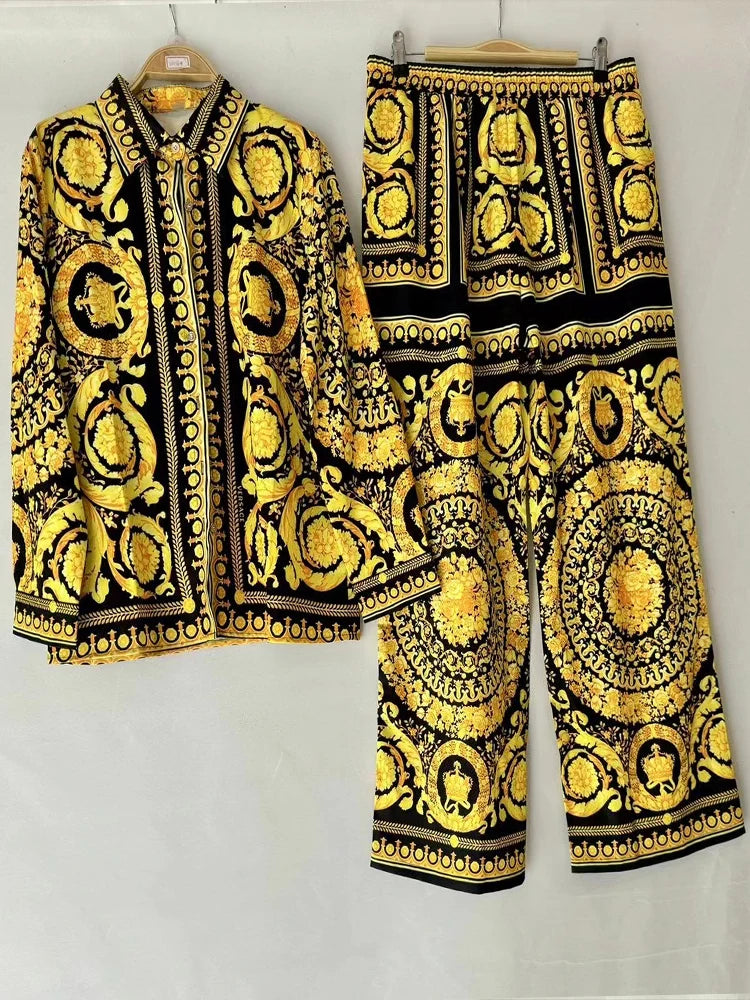 Luxury printed loose long-sleeved shirt 2024 spring and summer women's two-piece suit+elastic waist straight pants casual suit