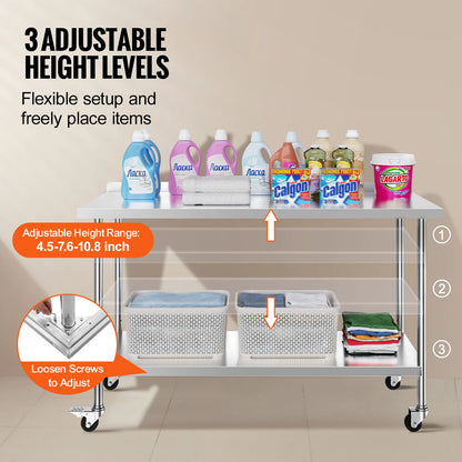 SucceBuy Stainless Steel Work Table Commercial Food Prep Worktable with Casters Heavy Duty Prep Worktable for Restaurant Home