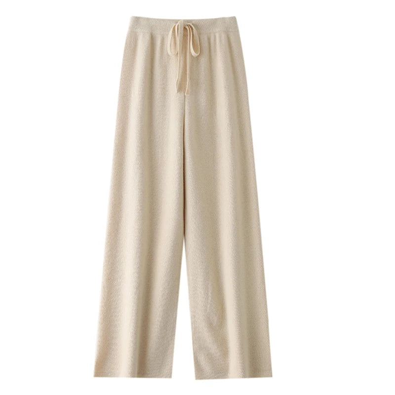 Chic Wide-Leg Pants Women's Autumn Winter Solid Color 100% Merino Wool Knitted Casual Loose Soft Thick Warm Popular Trousers