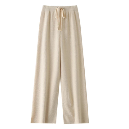 Chic Wide-Leg Pants Women's Autumn Winter Solid Color 100% Merino Wool Knitted Casual Loose Soft Thick Warm Popular Trousers
