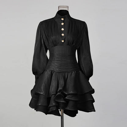 TWOTWINSTYLE Solid Spliced Ruffles Dress Female Stand Collar Long Sleeve Loose French Elegant Women's Dresses Autumn Fashion New