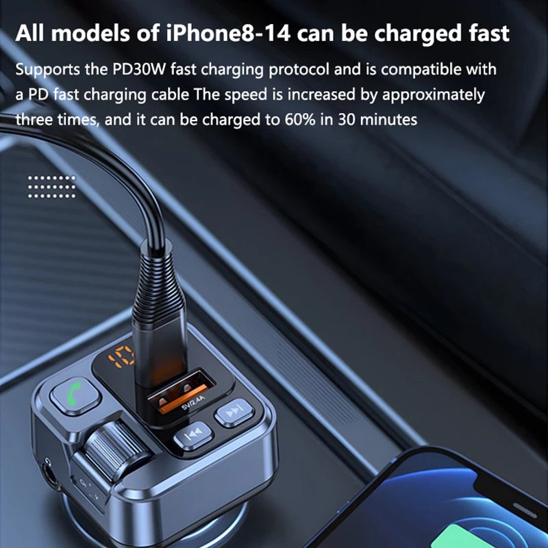 Bluetooth FM Transmitter Car Charger 20W PD USB-C Fast Charger Car Radio with Mic For Wireless Hands Free Call MP3 Player