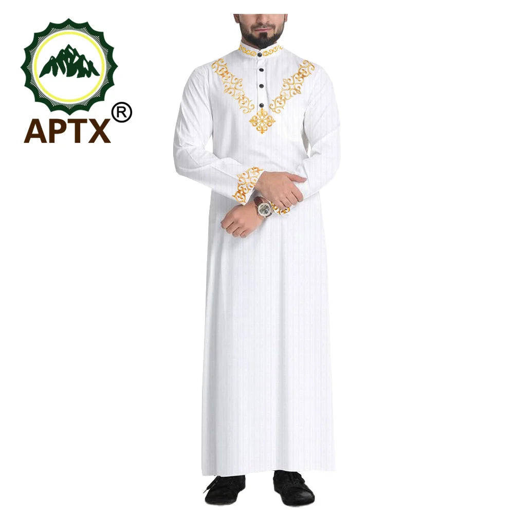APTX Jacquard Mens Jubba Thobe Muslim Robe Long Sleeve Saudi Arab Kaftan Middle East Islamic Clothing T2014008