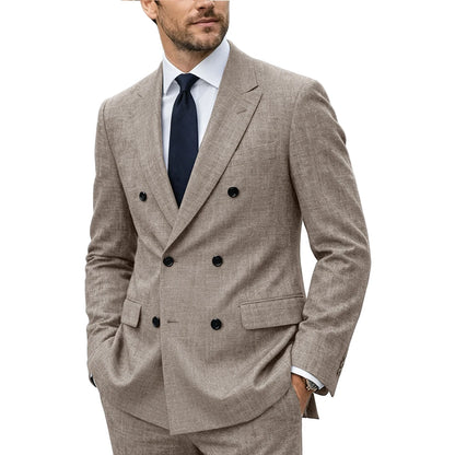 Men's Linen Suit Set  Double Breasted Slim Fit Peak Lapel Formal Blazer Pants Breathable Business Wedding Groom Tuxedo