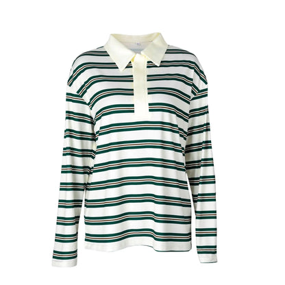 Retro Stripe Sweatshirts Women Vintage Polo Shirt Long Sleeve Lapel Button Up Pullover Top Loose Striped Rugby Polo Tee Shirts