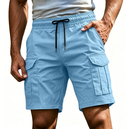 Men Solid Color Drawstring Cargo Shorts Elastic Waist Multi Pocket Loose Casual Summer Beach Short Pants