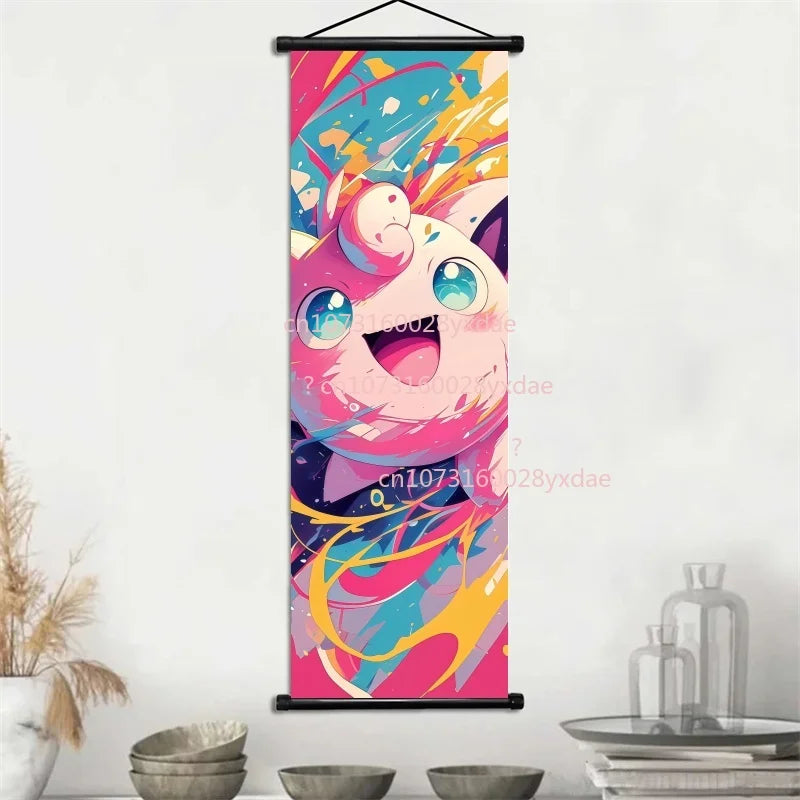 Anime Pokemon Scroll Painting Bulbasaur Charmander Squirtle Poster and Print Watercolor Wall Art Picture Home Decor Kids Gifts