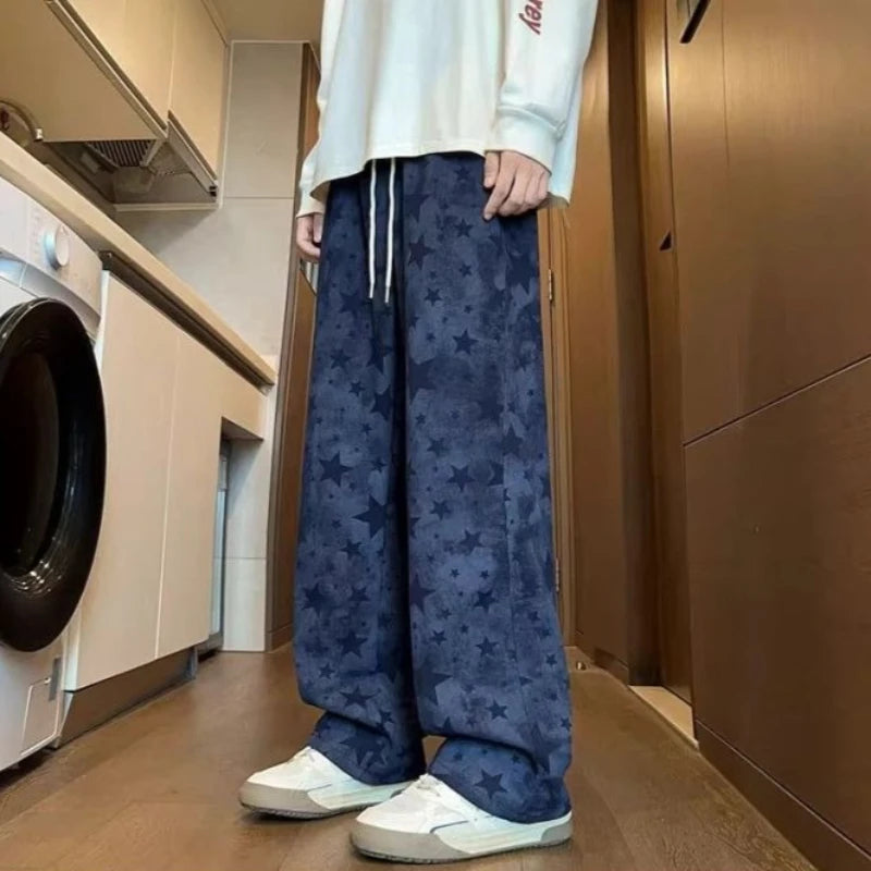 Youth Casual Tie Dye Star Joggers Straight Leg Loose Sports Pants Trendy Oversized Design for Autumn Winter Soft Draping Fabric