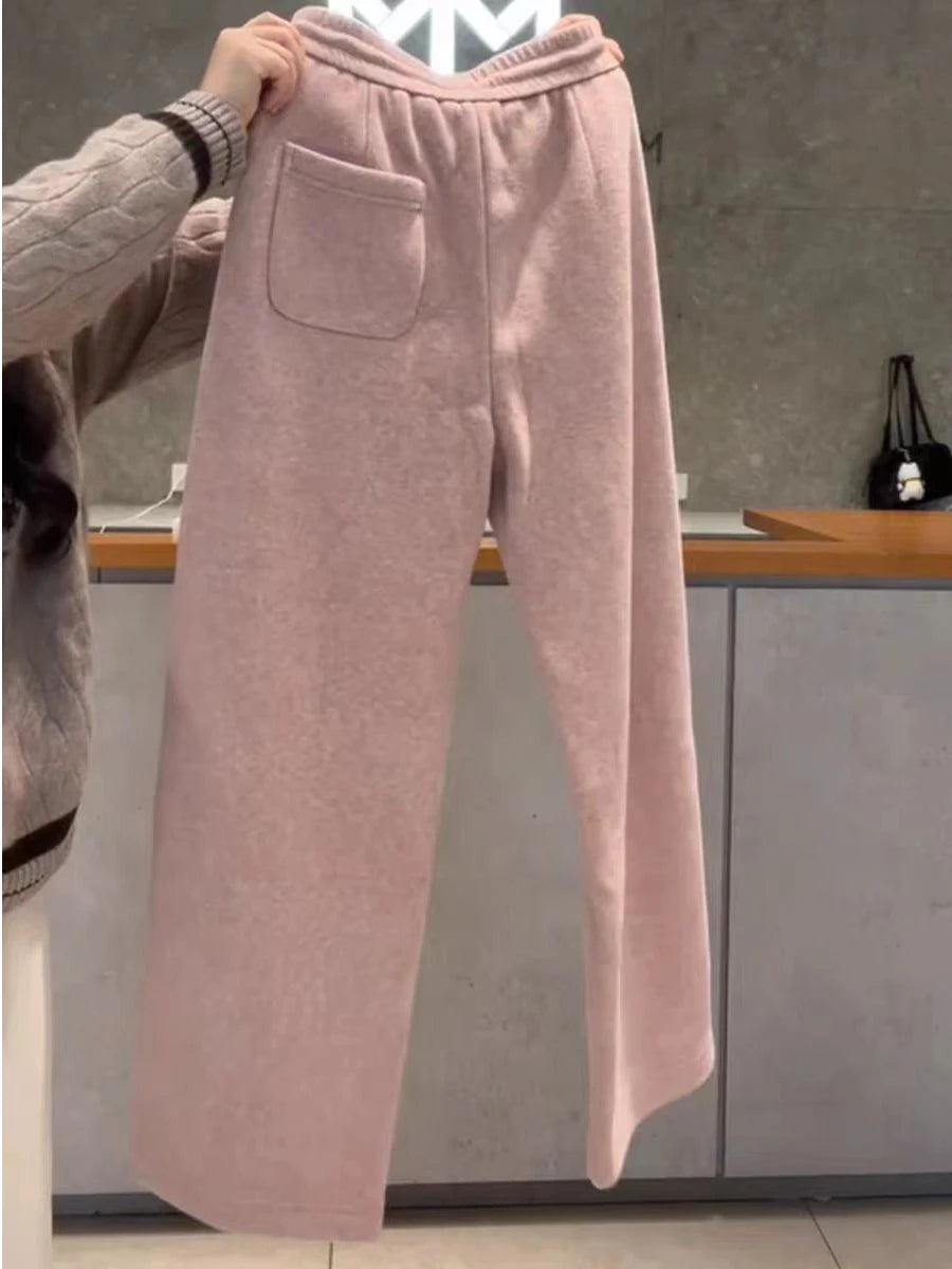 Pink Soft Fleece Lined Knitted Casual Pants Women's Autumn Winter Warm Slimming Drapey Drawstring Loose Fit Straight Leg Trou...
