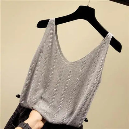 Rhinestones Tank Top Elegant Sleeveless Shiny Loose Knit Camis Corset Summer Women's Tube Top Aesthetic Clothing Korean