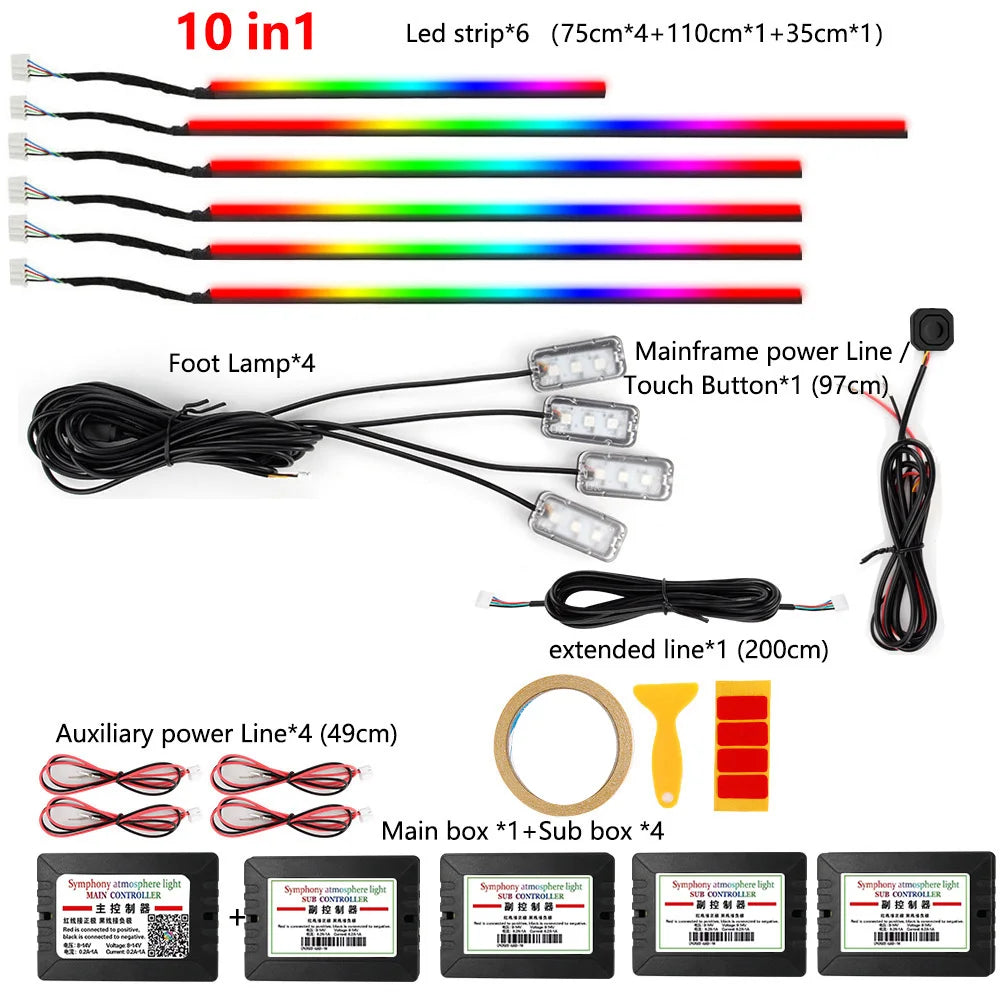 22in1 Symphony Car Ambient Light RGB 213 Color Universal Car Accessories Interior LED Lights Strip Acrylic Backlight Guide Light