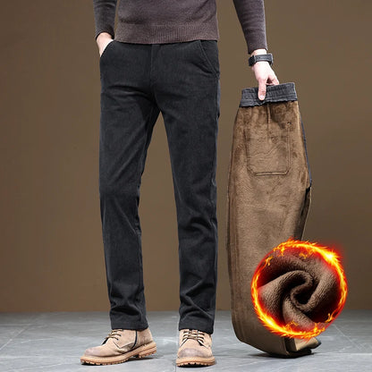 2024 New Winter Fleece Warm Corduroy Pants Men Business Fashion Slim Fit Stretch Thicken Gray Khaki Fluff Casual Trousers Male