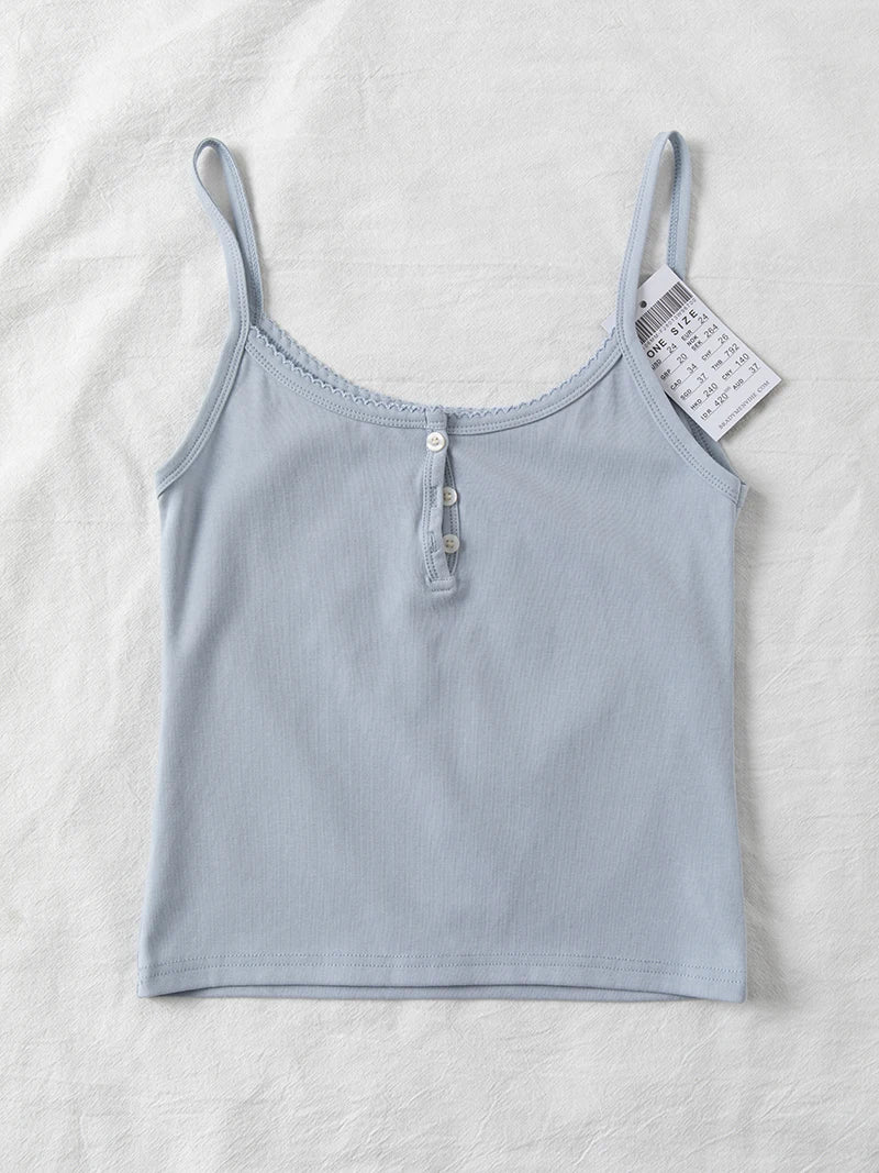 Lace Trim Buttons Solid Tank Top Women U Collar Sleeveless Cotton Slim Camis Sweet Chic Casual Preppy Style Vest Crop Tops Y2k