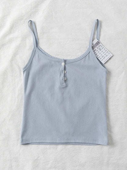 Lace Trim Buttons Solid Tank Top Women U Collar Sleeveless Cotton Slim Camis Sweet Chic Casual Preppy Style Vest Crop Tops Y2k