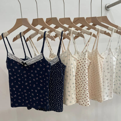 Bow Floral Eyelet Lace Trim Tank Tops Women Summer Cotton Sleeveless Slim Camisole Girls Sweet Cute Preppy Style Crop Top Y2K