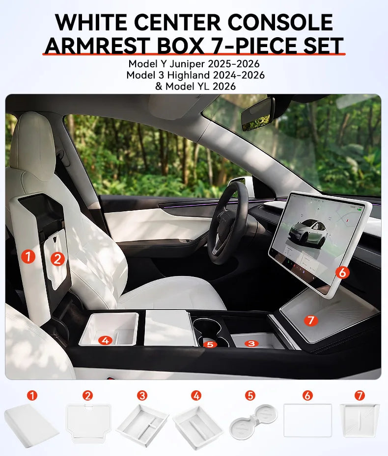 YZ For Tesla Model Y YL Juniper Model 3 Highland 2026 Console & Armrest Storage Box ABS Non-slip Mat Cup Holder Box Accessories