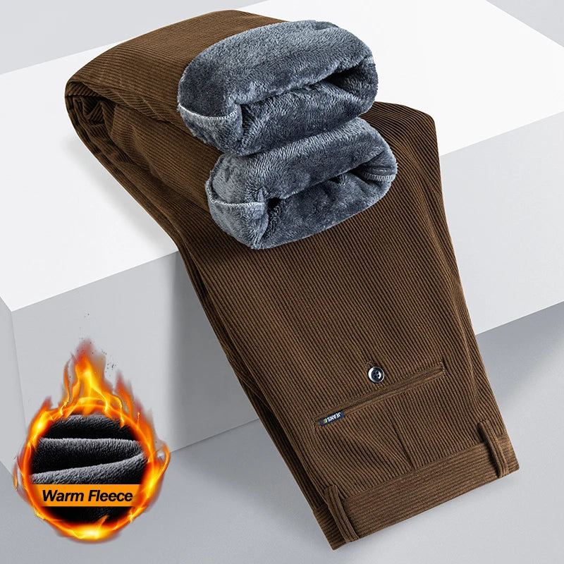 Winter Fleece Warm Corduroy Pants Men's Brown Classic Loose Business Straight Casual Trousers Thicken Warm Plush Velvet Clothes