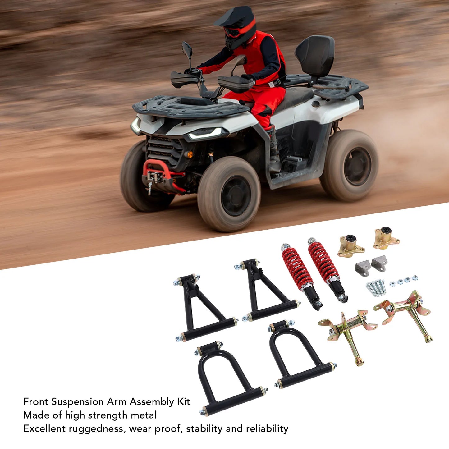 Front Suspension Arm Kit High Strength Enhanced Stability Comfort Upper and Lower Swingarm and Suspension Shock Kit for ATV Quad
