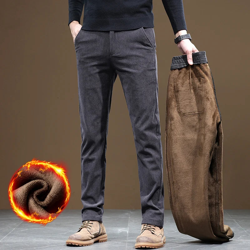 2024 New Winter Fleece Warm Corduroy Pants Men Business Fashion Slim Fit Stretch Thicken Gray Khaki Fluff Casual Trousers Male