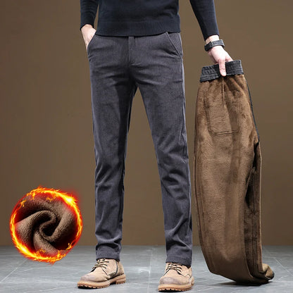 2024 New Winter Fleece Warm Corduroy Pants Men Business Fashion Slim Fit Stretch Thicken Gray Khaki Fluff Casual Trousers Male