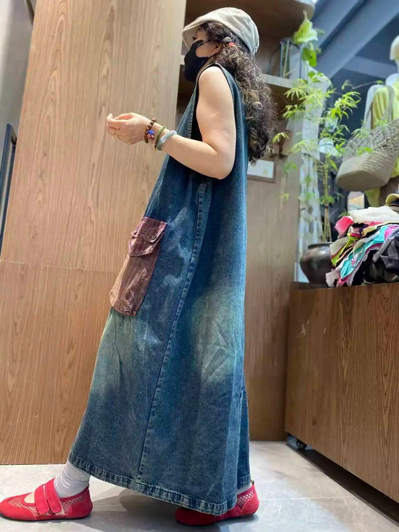 Color-blocked Large Pocket Denim Dress Women Sleeveless Suspender Tank Dress XY326