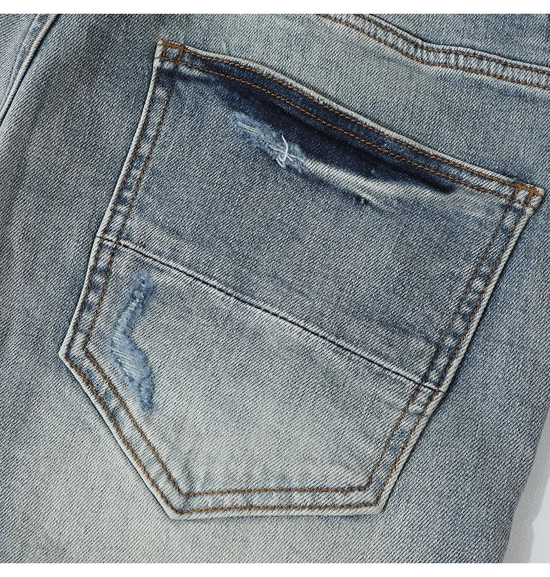 Retro Men's Light Blue Jeans Y2K Fashion High Street Hip Hop Brand Pants with Perforation Patch Nostalgic Washed Letter Design