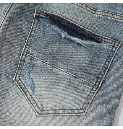 Retro Men's Light Blue Jeans Y2K Fashion High Street Hip Hop Brand Pants with Perforation Patch Nostalgic Washed Letter Design