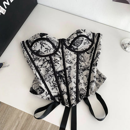 Faionable Retro Court Sle Women's Top Summer Tie Waist Fibone Strapl Vest Svel Embroidered Bustier Outerwear