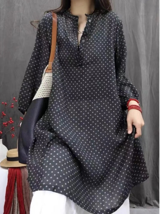 Vintage Polka Dot Cotton Linen Shirt Dress Women's Loose Summer New Style Tagless Big Brand Tailored Goods Midi Dress