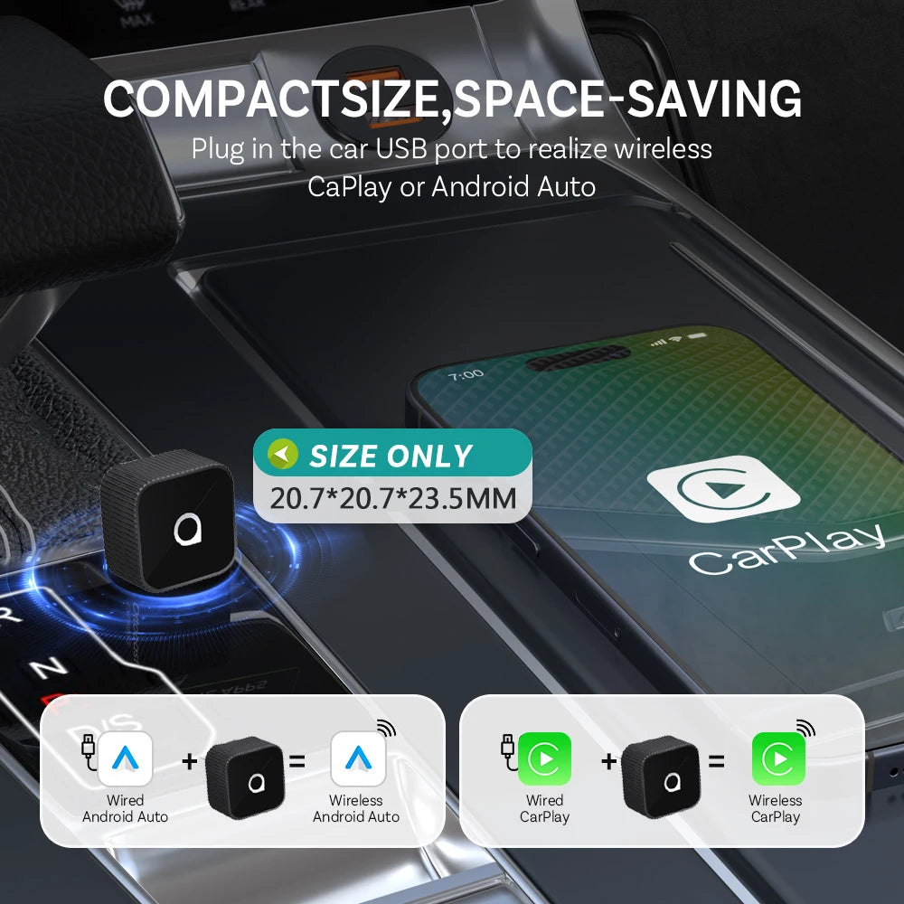 Ottocast 3.0 Mini Slim Wireless CarPlay Adapter Android Auto Dongle Plug Play Bluetooth 5.0 Wifi Auto Connect for 98% of Cars