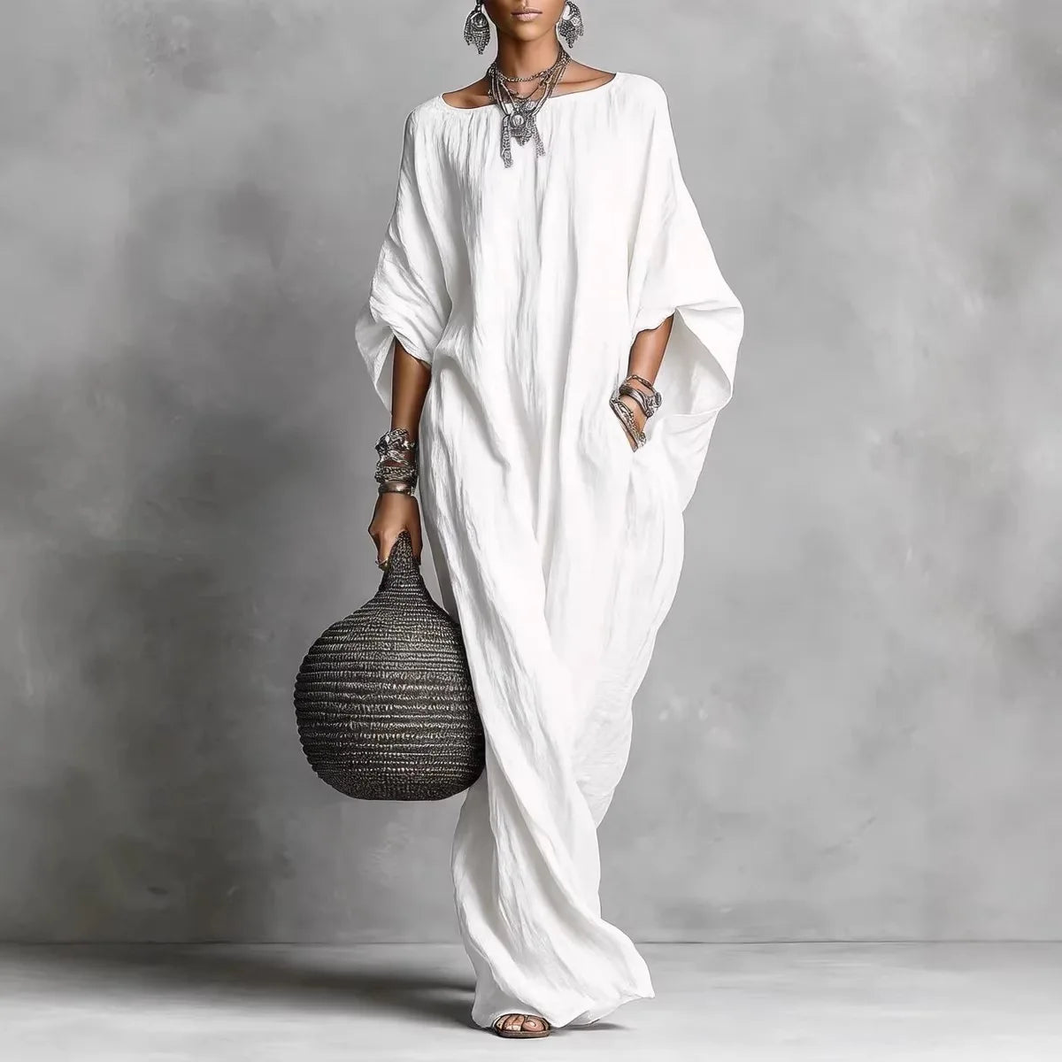 2026 cross-border women's clothing European and American solid color temperament long-sleeved one-line collar long casual dress