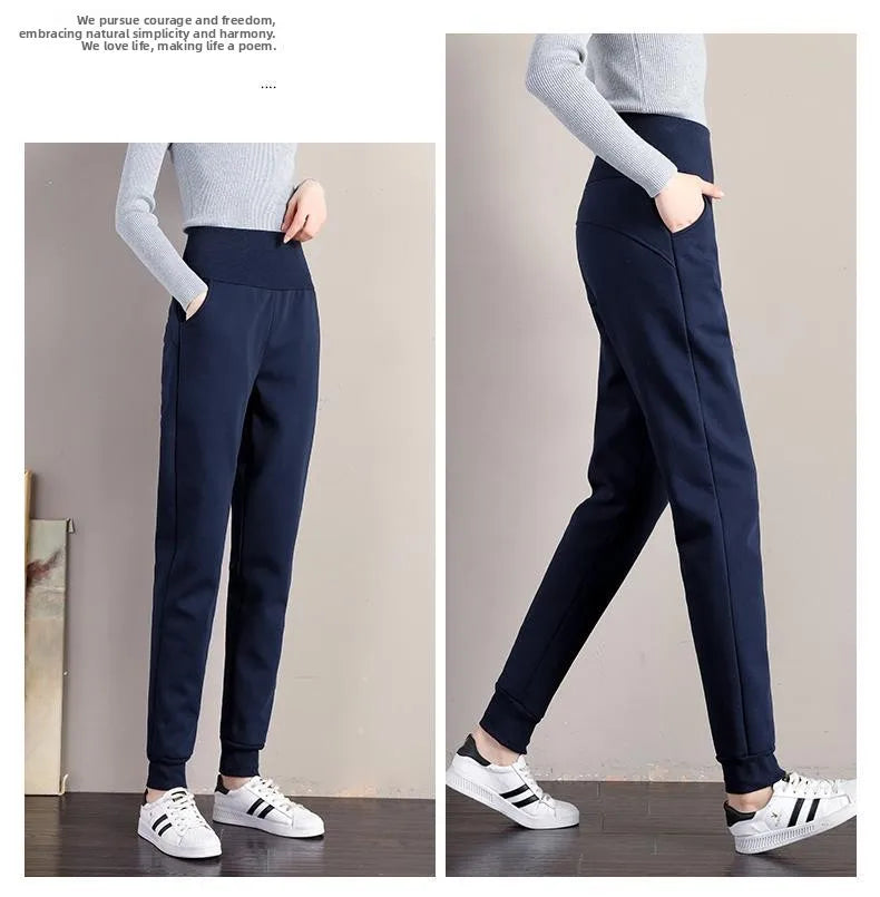 plus Size Fleece Lined Thickened Lamb Velvet Casual Slim Fit Pants Winter New Loose Warm Slimming Straight Leg Sweatpants
