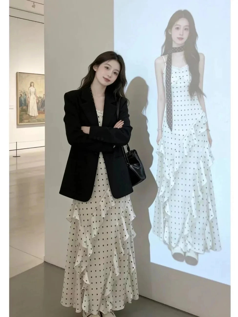 Black Suit And Polka Dot Dress Two-Piece Set for Women Early Spring Fashion Slimming Effect Ribbon Detail Long Sleeve Button-Up