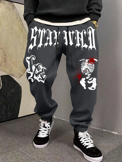 Men's Retro Dark Grunge Gothic Letter Skeleton Graphic Joggers Elastic Cuff Sweatpants Popular Vintage Streetwear Casual Pants