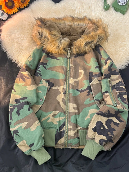 Thickened Faux Rabbit Fur Collar Camouflage Hooded Jacket Cotton Padded Coat for Men And Women Double-Sided Wear Youth Style