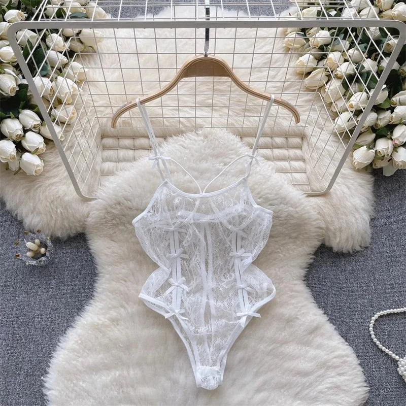 Sexy Lace Strap Jumpsuit Slim Fit Transparent Women's Pajamas Halter Playsuit Erotic Lingerie Catsuit Backless Hollowed Bodysuit