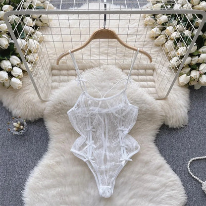 Sexy Lace Strap Jumpsuit Slim Fit Transparent Women's Pajamas Halter Playsuit Erotic Lingerie Catsuit Backless Hollowed Bodysuit